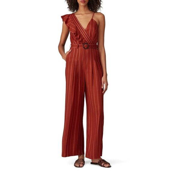 Three Floor Margaux Jumpsuit Rust Striped One-Shoulder Ruffle Belted Size 4 - Picture 1 of 15